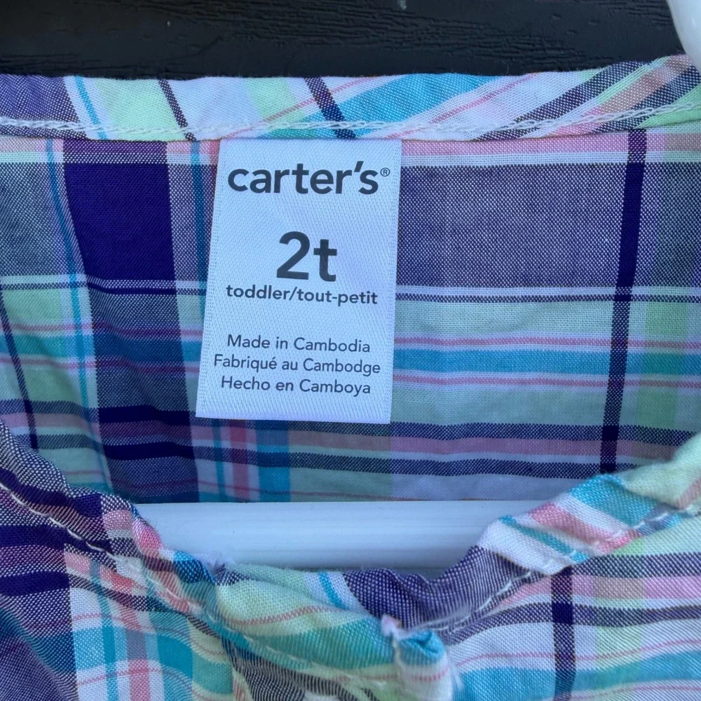 Carters Toddler Girls 2T Plaid Henley Tunic Top Long Sleeve‎ Purple Teal 259G306